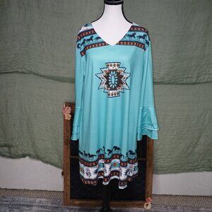 Southwestern Turquoise Graphic Dress • XXL • Horse & Feather Border